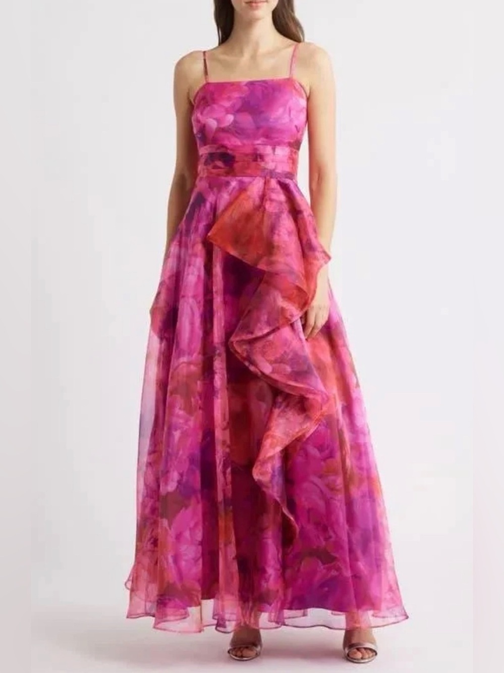 Eliza J Magenta Side Ruffle gown with matching shoes